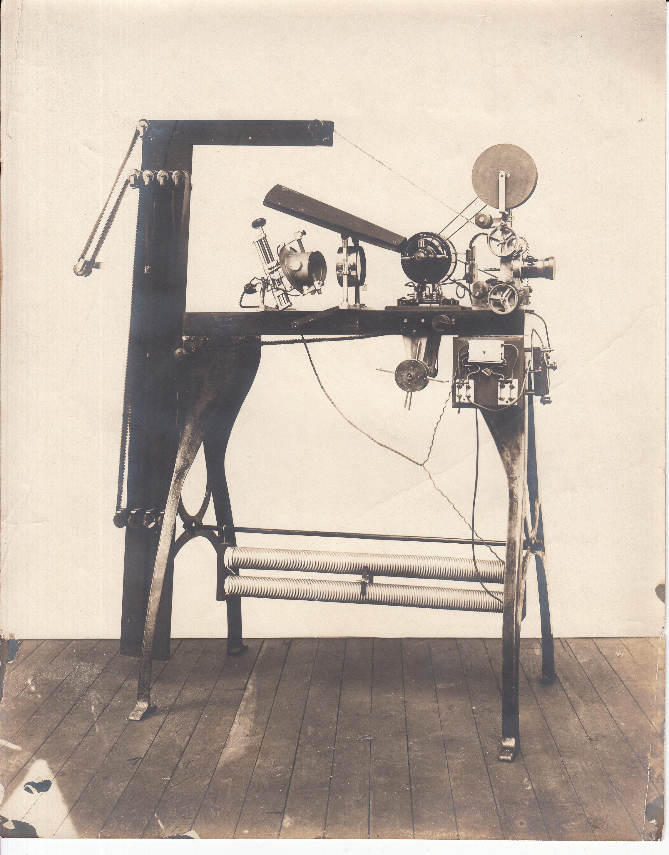Edison vitascope, projecting kinetoscope with spool bank and reel equipment.