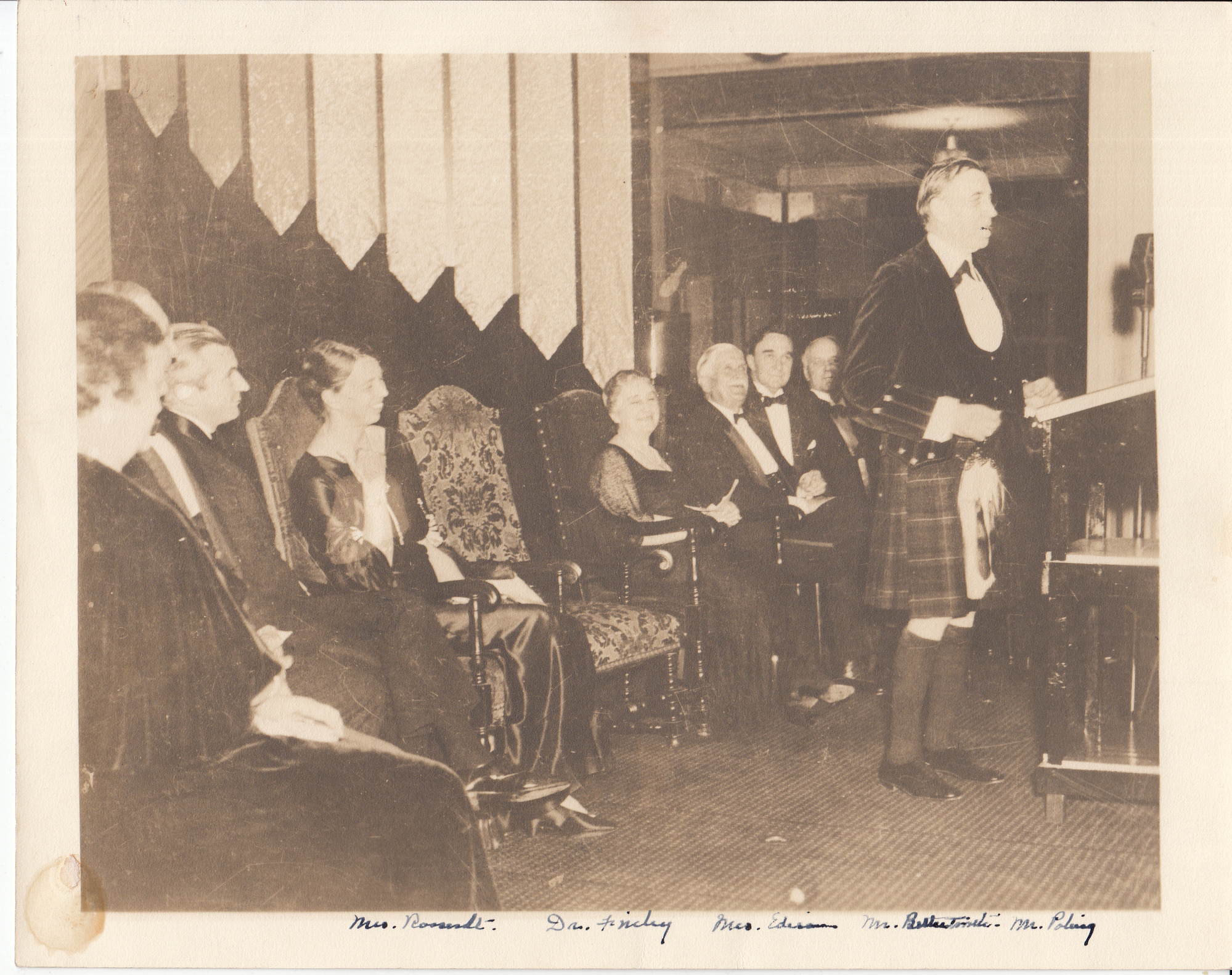 Eleanor Roosevelt, Mina Edison, Mr. [Bestminster?], Mr. Poling, Dr. Finley, and unidentified others at National Recreation Congress.