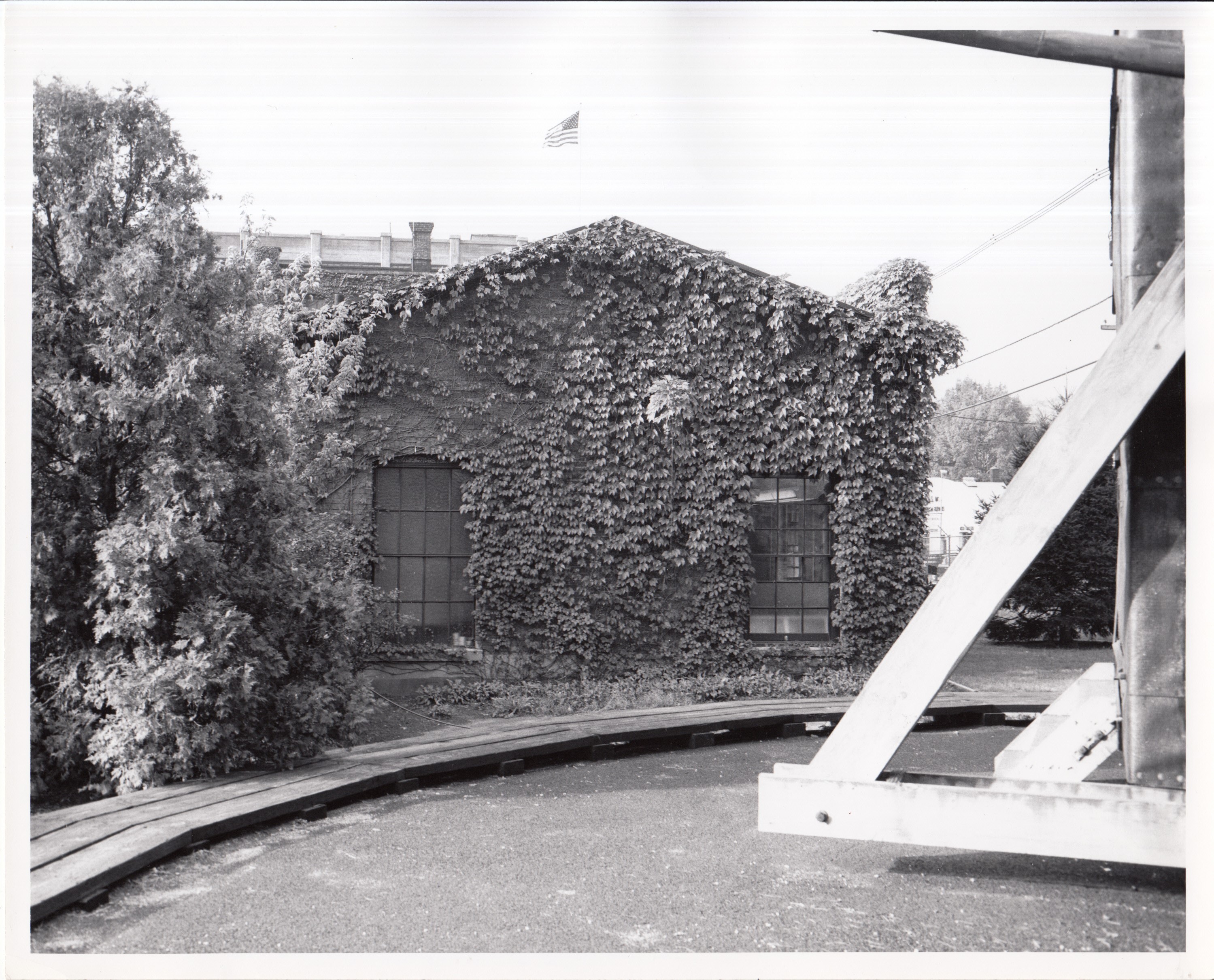 Laboratory Building 1, exterior, northeast wall, showing only two windows, a third, center, window having been bricked up 1948.