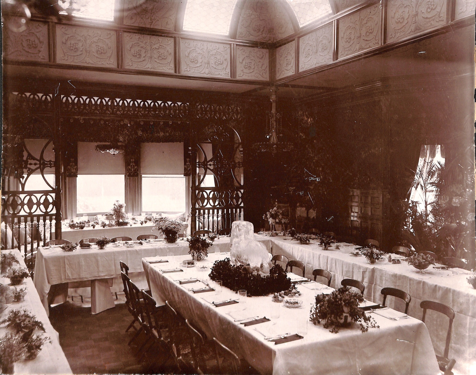 Glenmont, interior, first floor, luncheon tables set up for meeting of Federation of Women's Clubs.