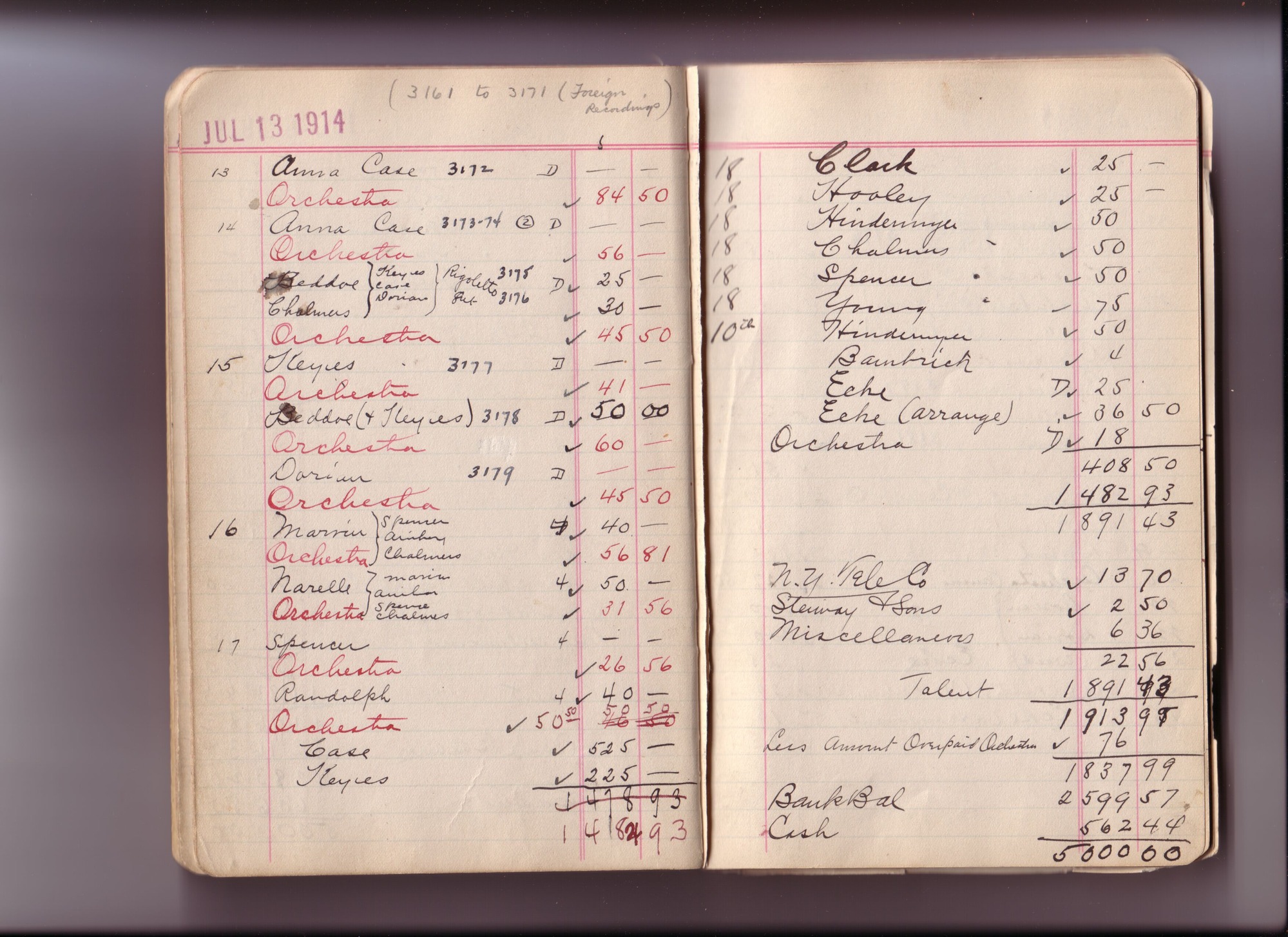 Thomas Edison's New York City Recording Studio Cash Book 11 (of 21), Image 24 (of 89).