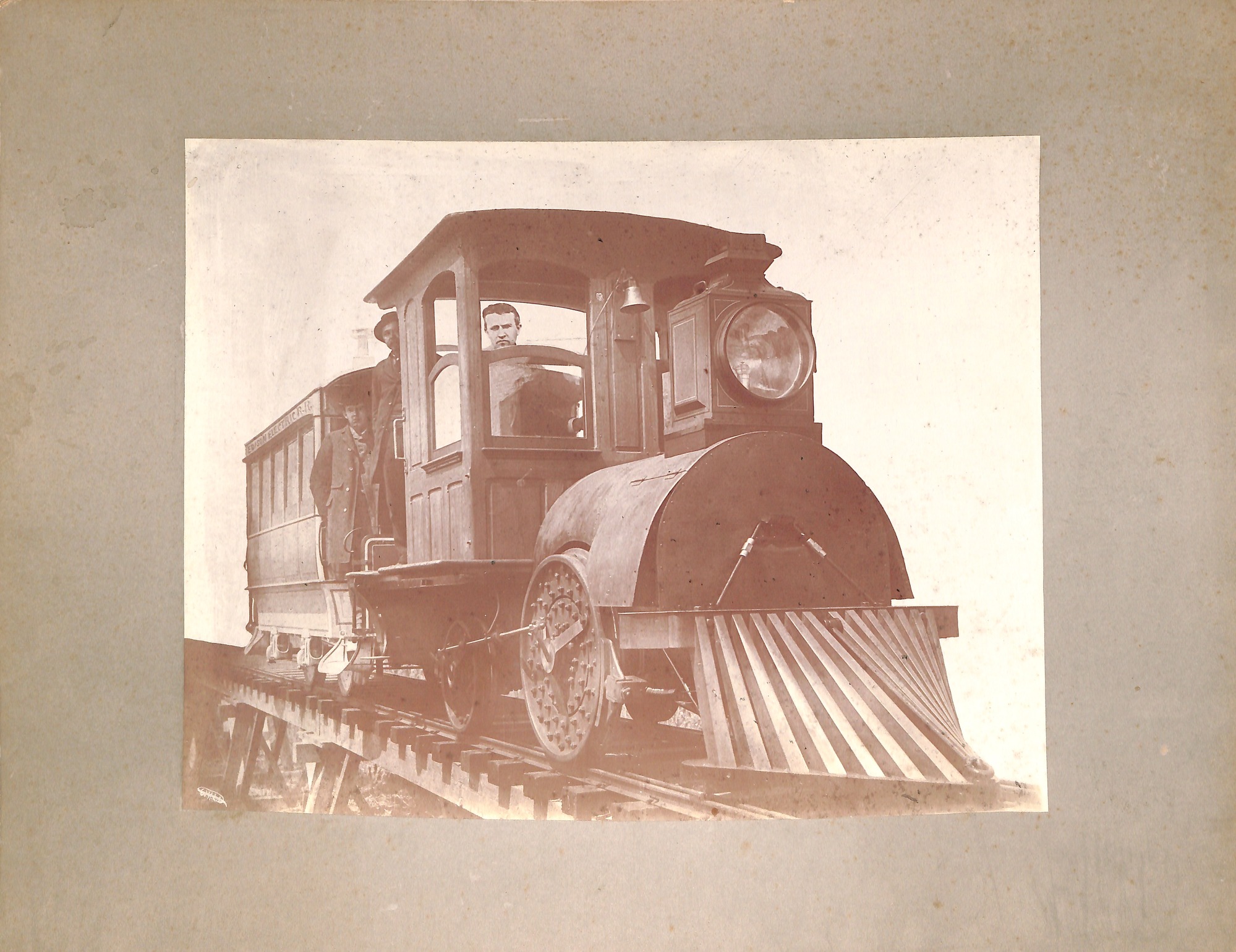 Thomas Edison in the cab of his electric locomotive at Menlo Park.