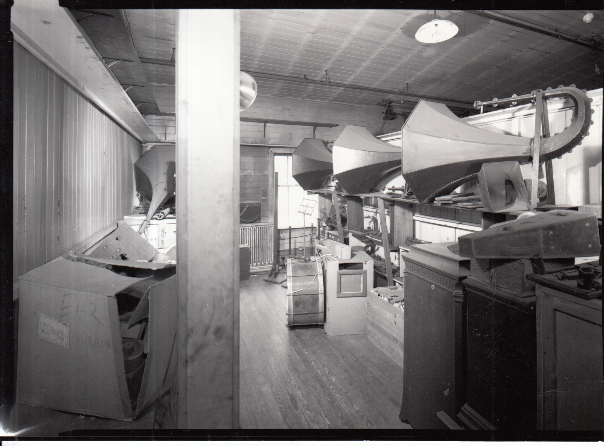 Laboratory Building 5, third floor, phonographs and horns in storage room.