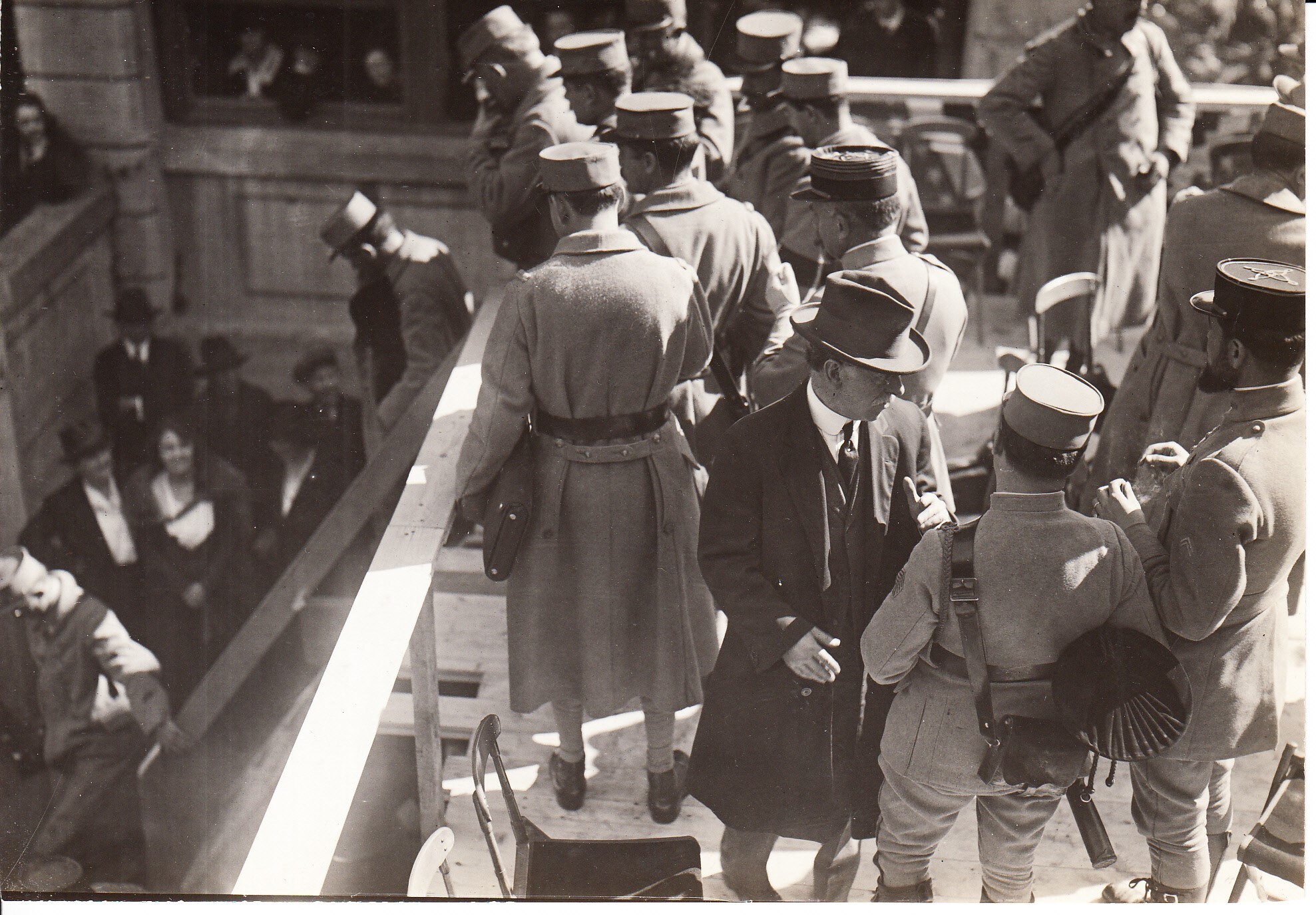 French army band and others on reviewing stand on Lakeside Avenue during Liberty Loan rally, William H. Meadowcroft in civilian clothes.