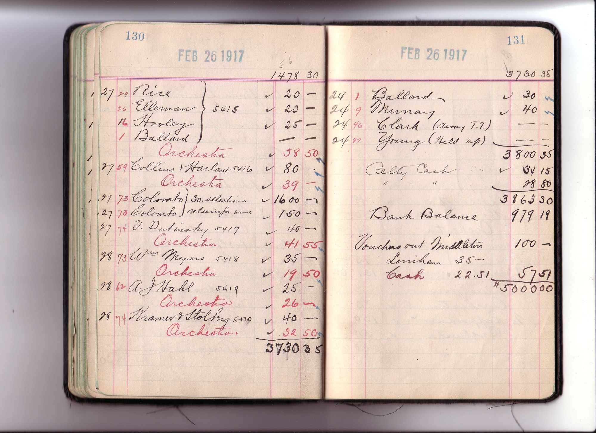 Thomas Edison's New York City Recording Studio Cash Book 14 (of 21), Image 45 (of 64).
