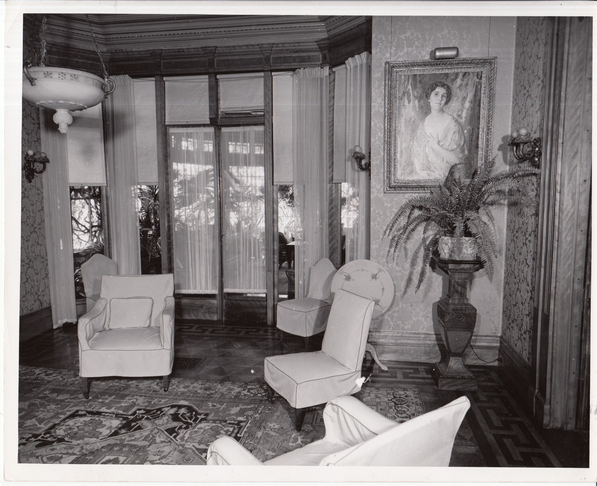 Glenmont, interior, first floor, Reception Room, facing south, Conservatory is through glass doors.