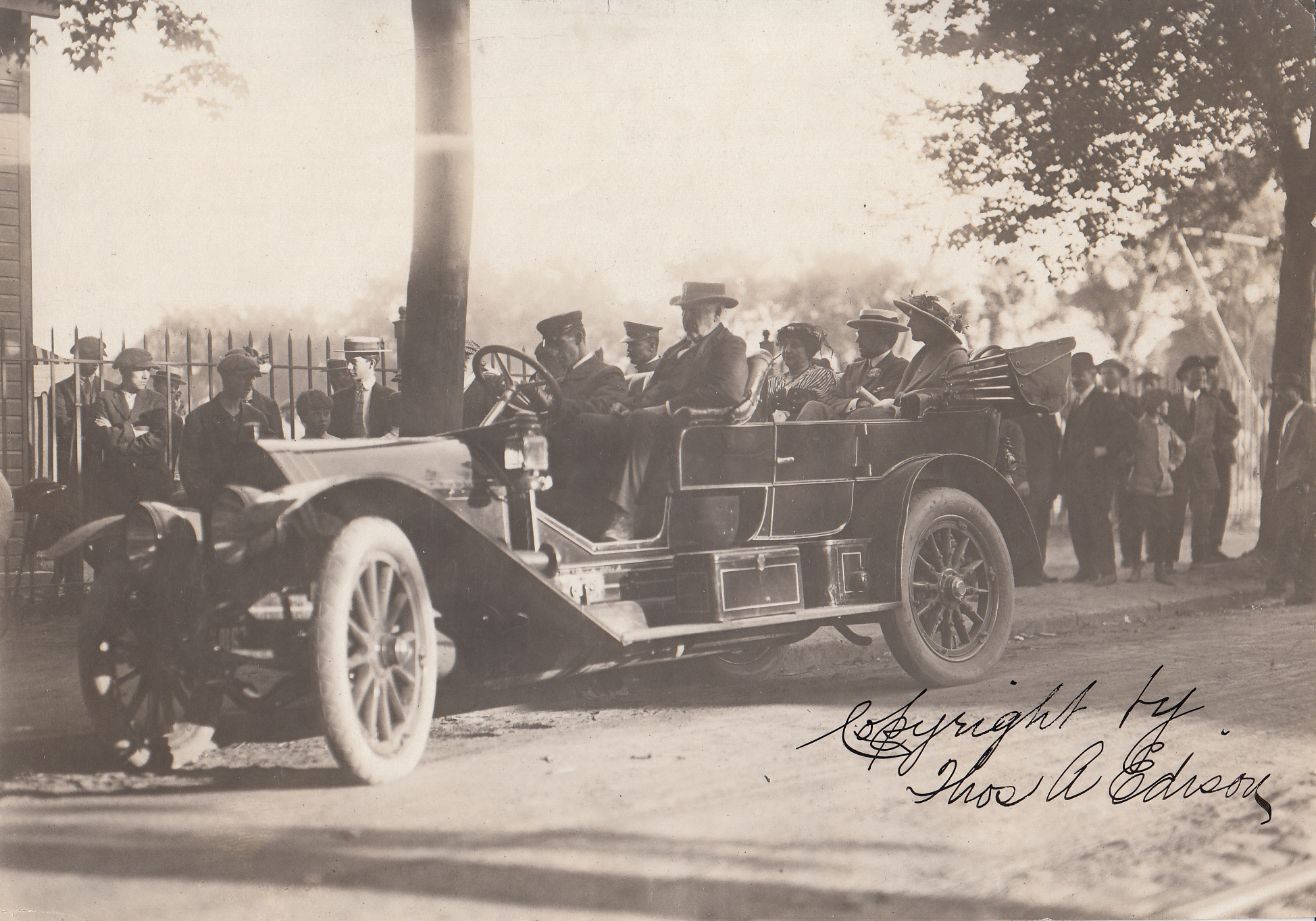 Thomas Edison, Mina Edison, John Eyre Sloane, and Madeleine Edison Sloane in automobile.