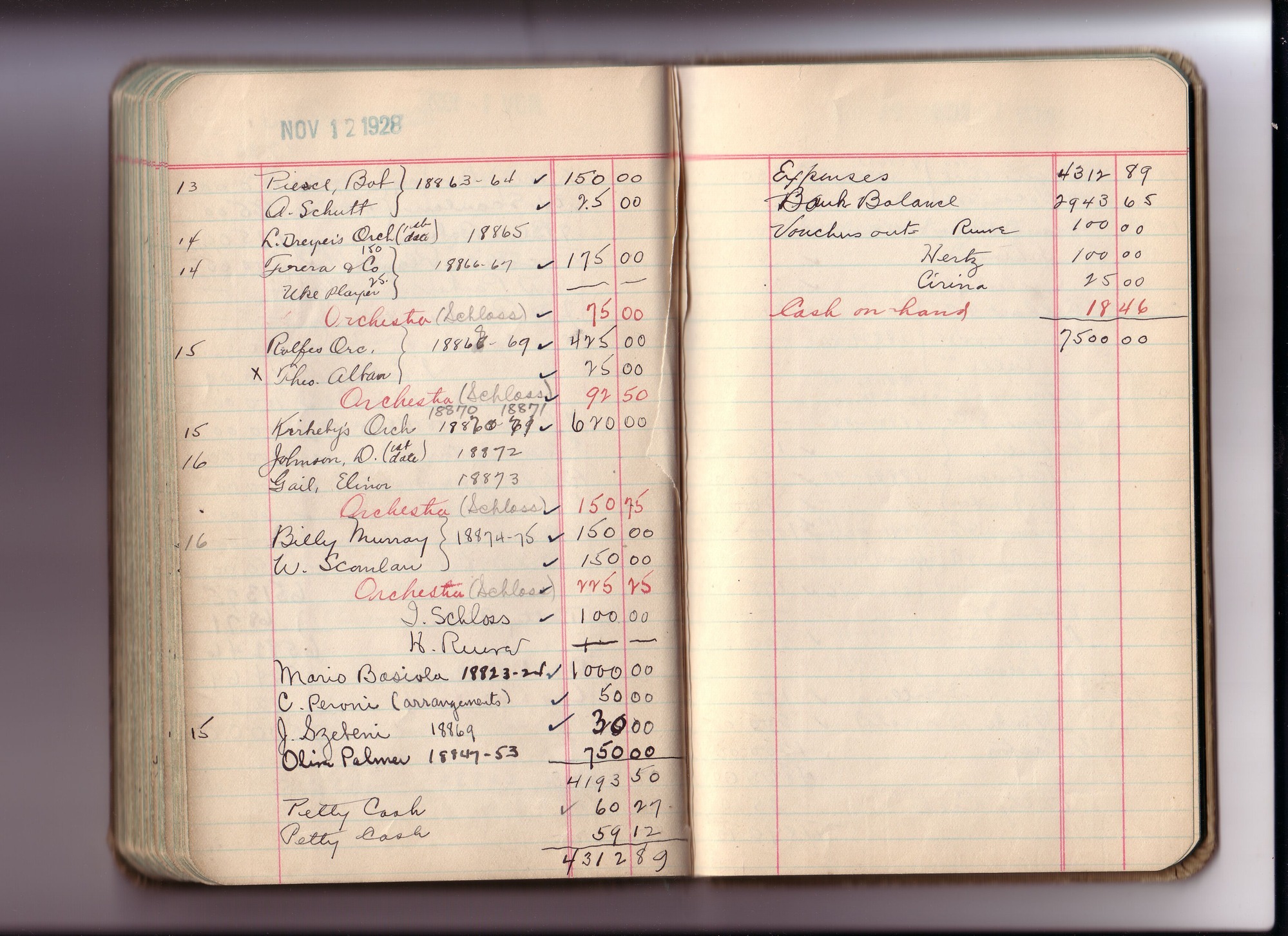 Thomas Edison's New York City Recording Studio Cash Book 20 (of 21), Image 73 (of 99).