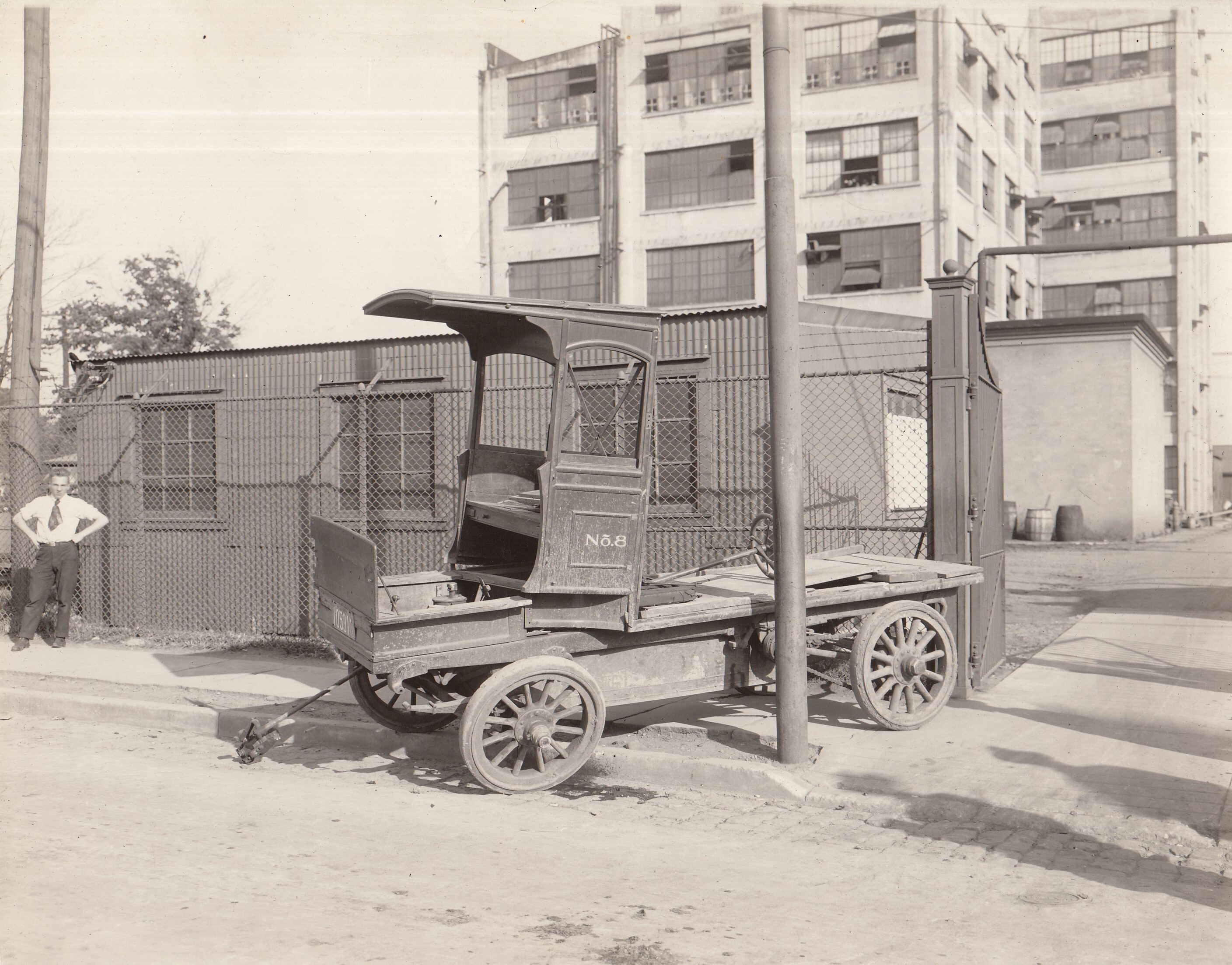 Truck backed into fence at Main St. entrance to laboratory.