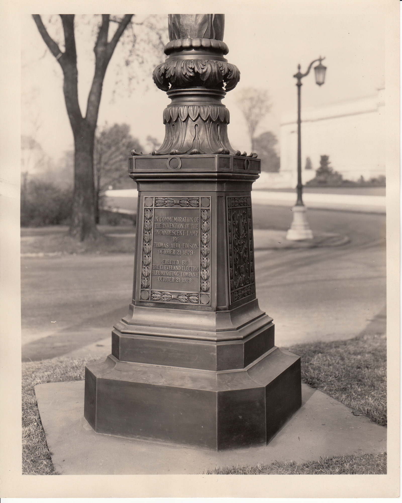 Memorial lamp post for Light's Golden Jubilee erected by the Cleveland Electric Illuminating Company.