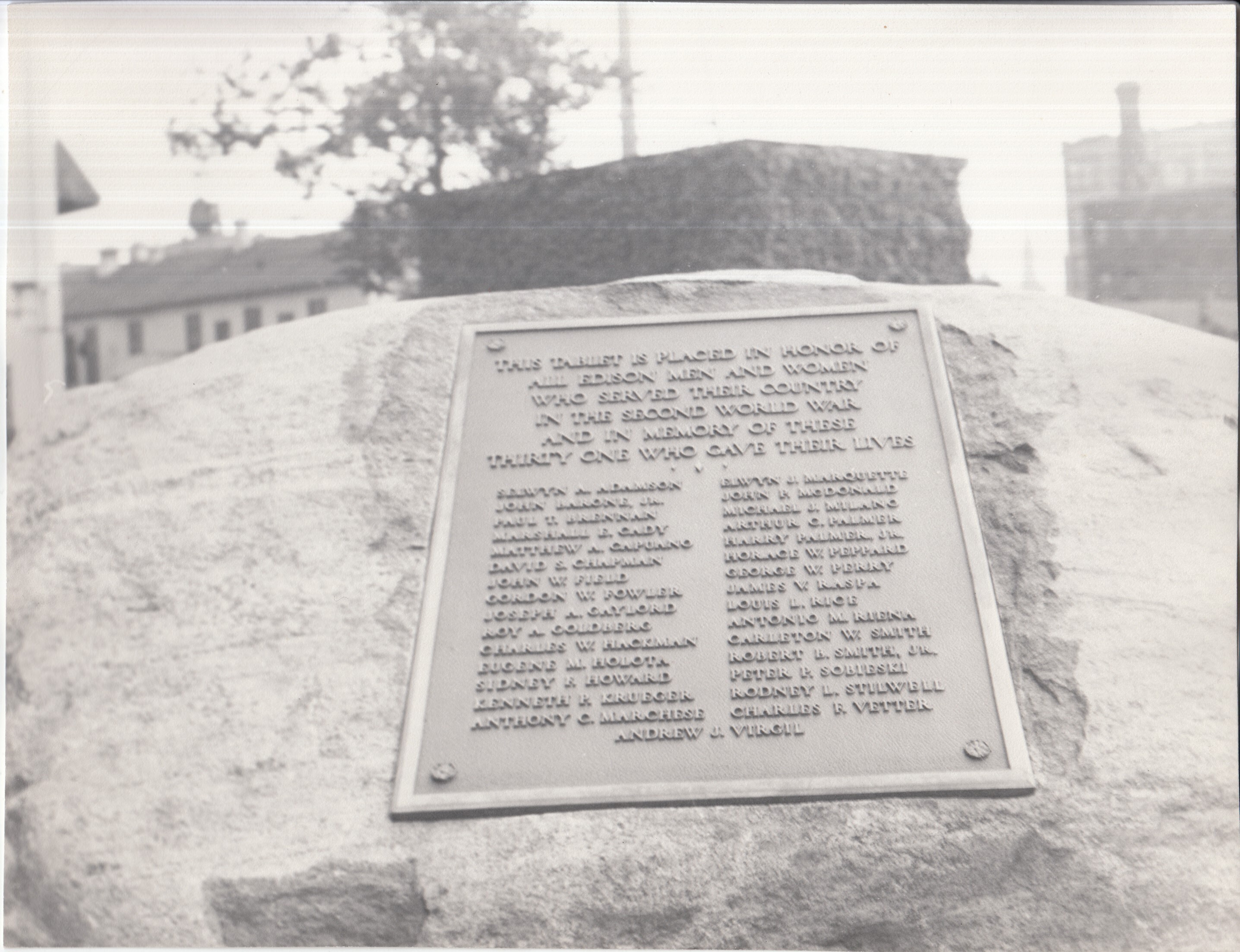 Memorial tablet inscribed with the names of Edison workers who died in World War II.