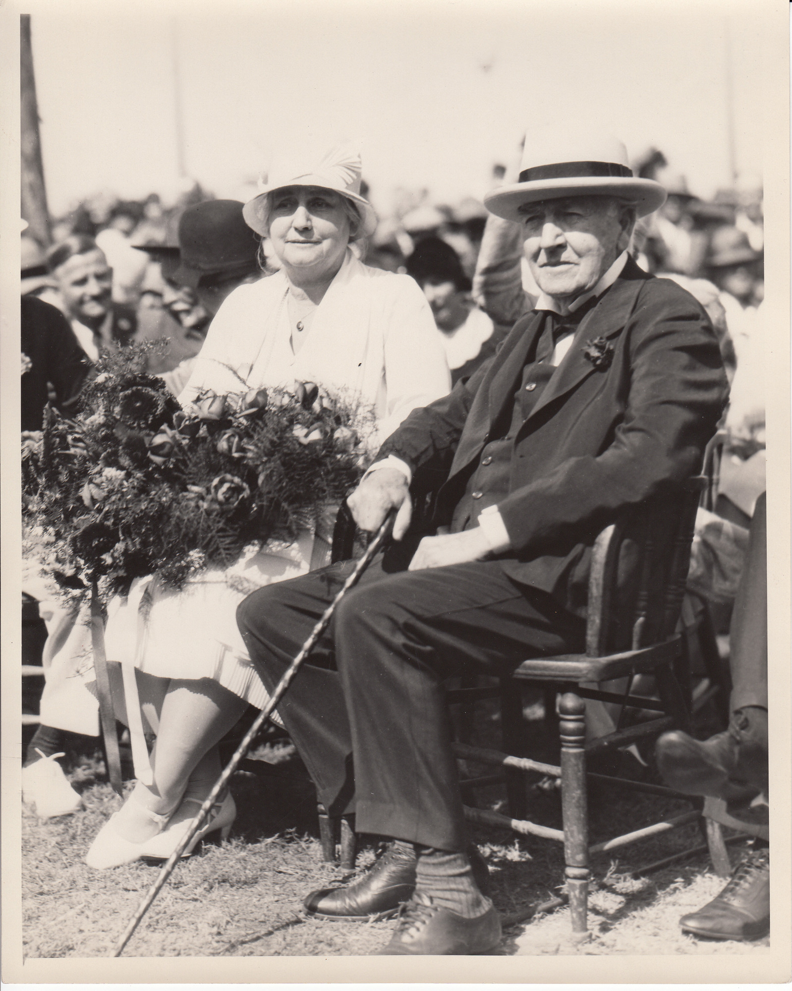 Thomas Edison and Mina Edison at Fort Myers city park on Edison's 83rd birthday.