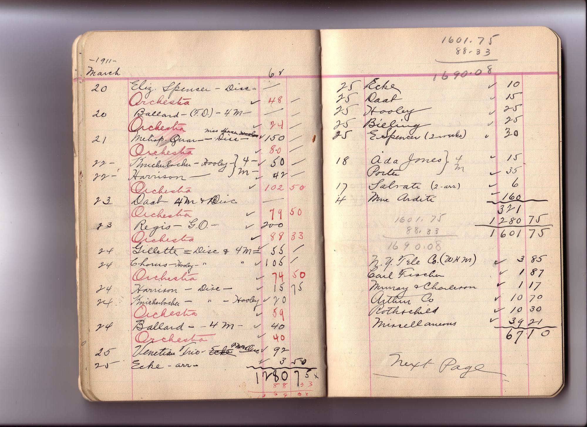 Thomas Edison's New York City Recording Studio Cash Book 07 (of 21), Image 20 (of 50).