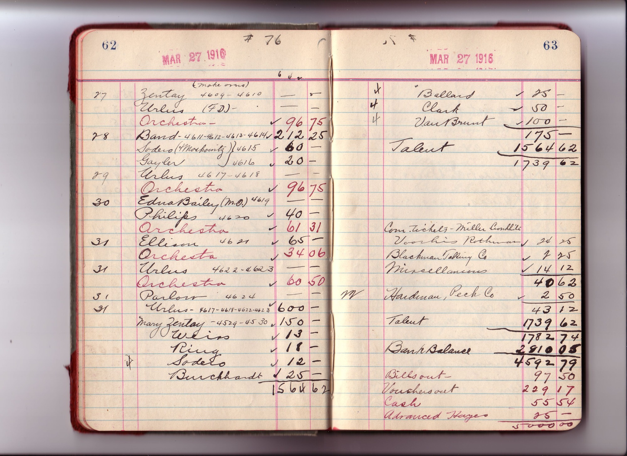 Thomas Edison's New York City Recording Studio Cash Book 13 (of 21), Image 29 (of 80).