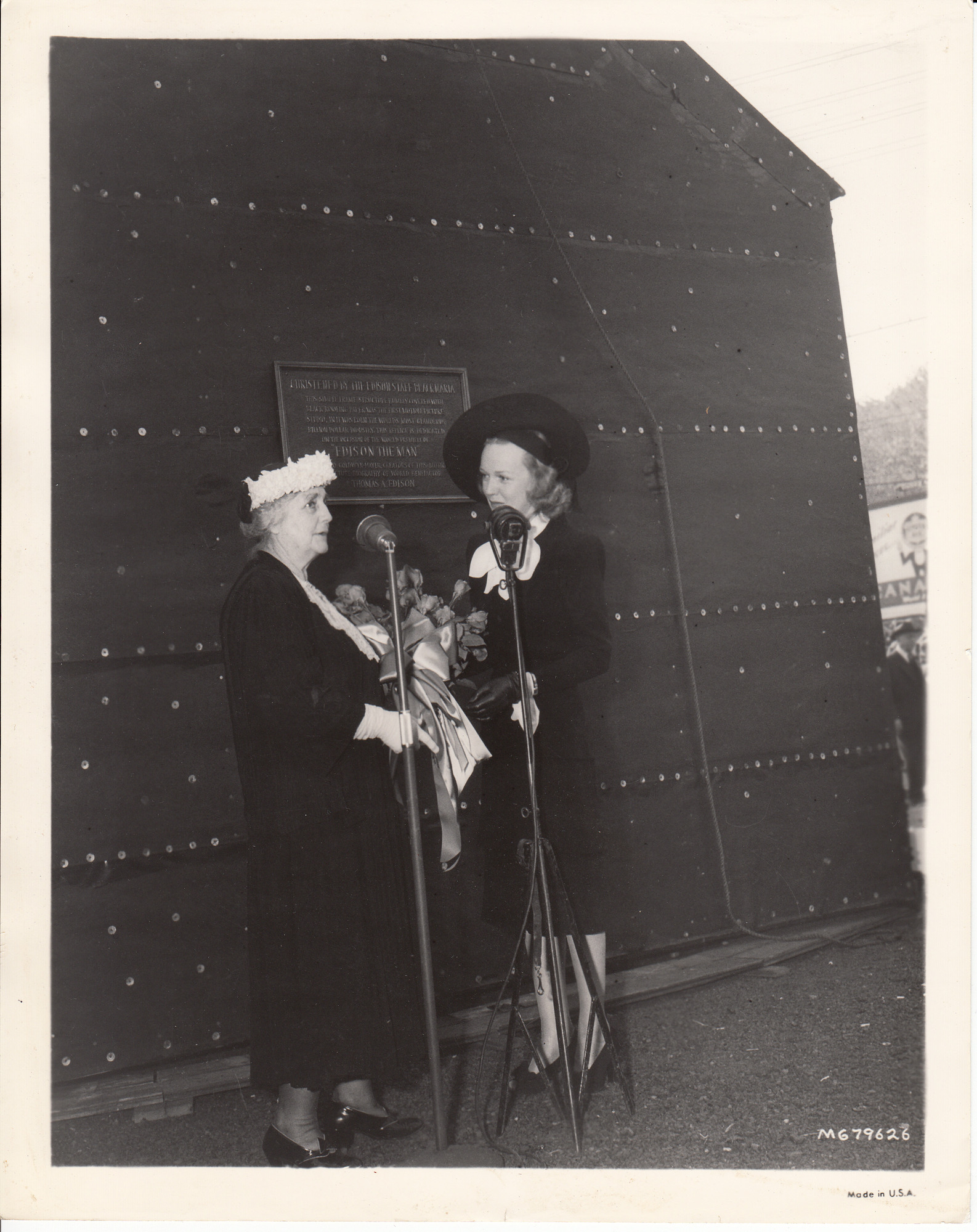 Mina Edison and Rita Johnson in front of the Black Maria during Edison Pageant of Progress.