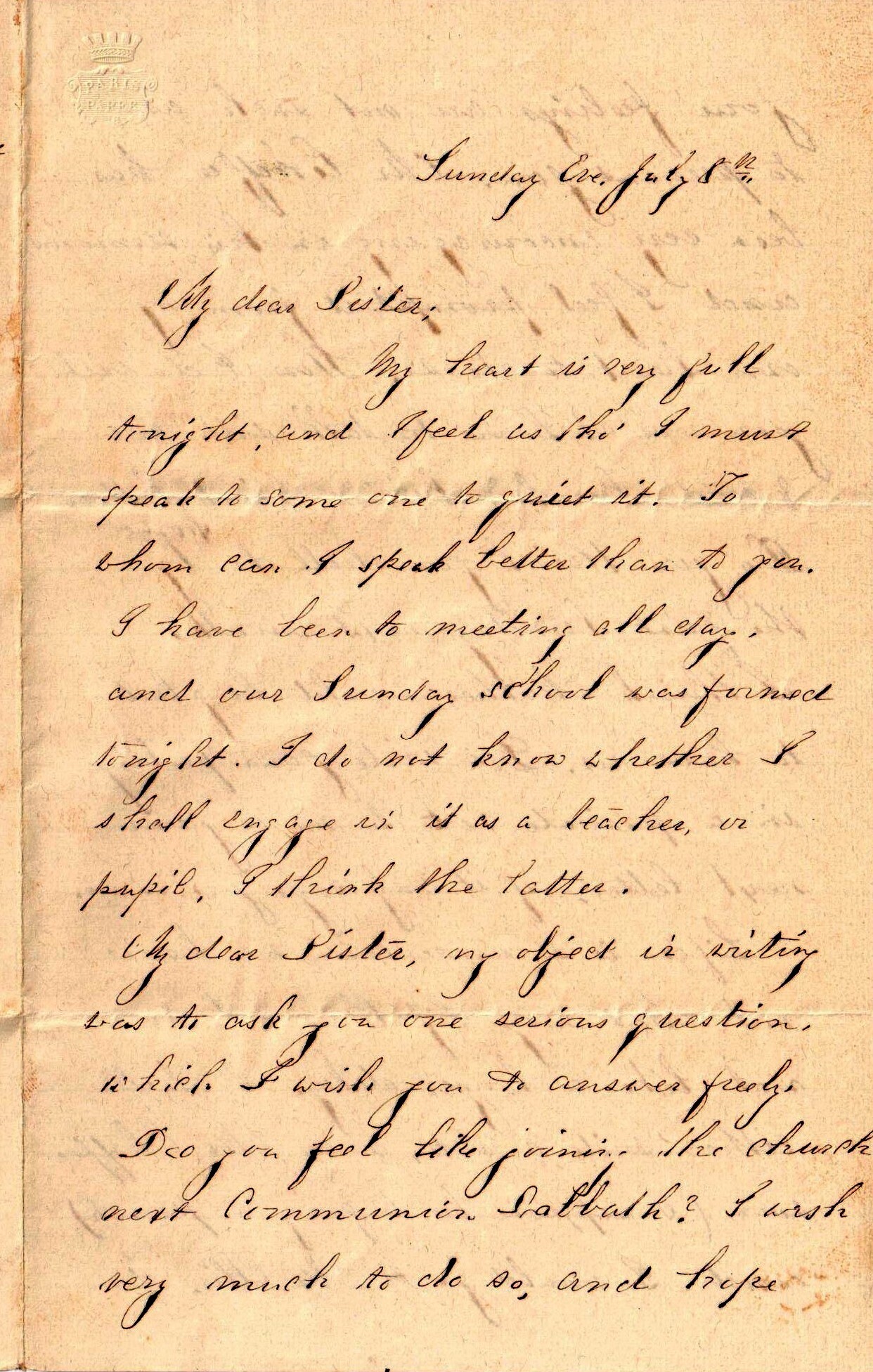 Abby [Abbie] to Allie (Miss Albinia Jaquith), July 8, 1855