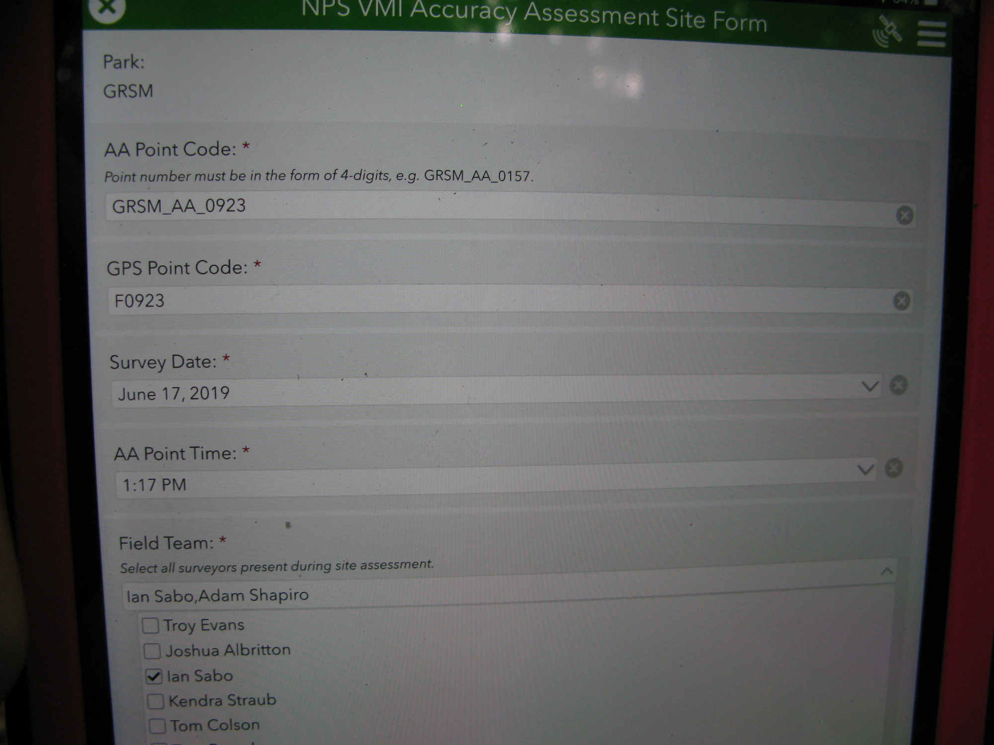 GRSM Accuracy Assessment. Plot Code: GRSM_AA_0923_1