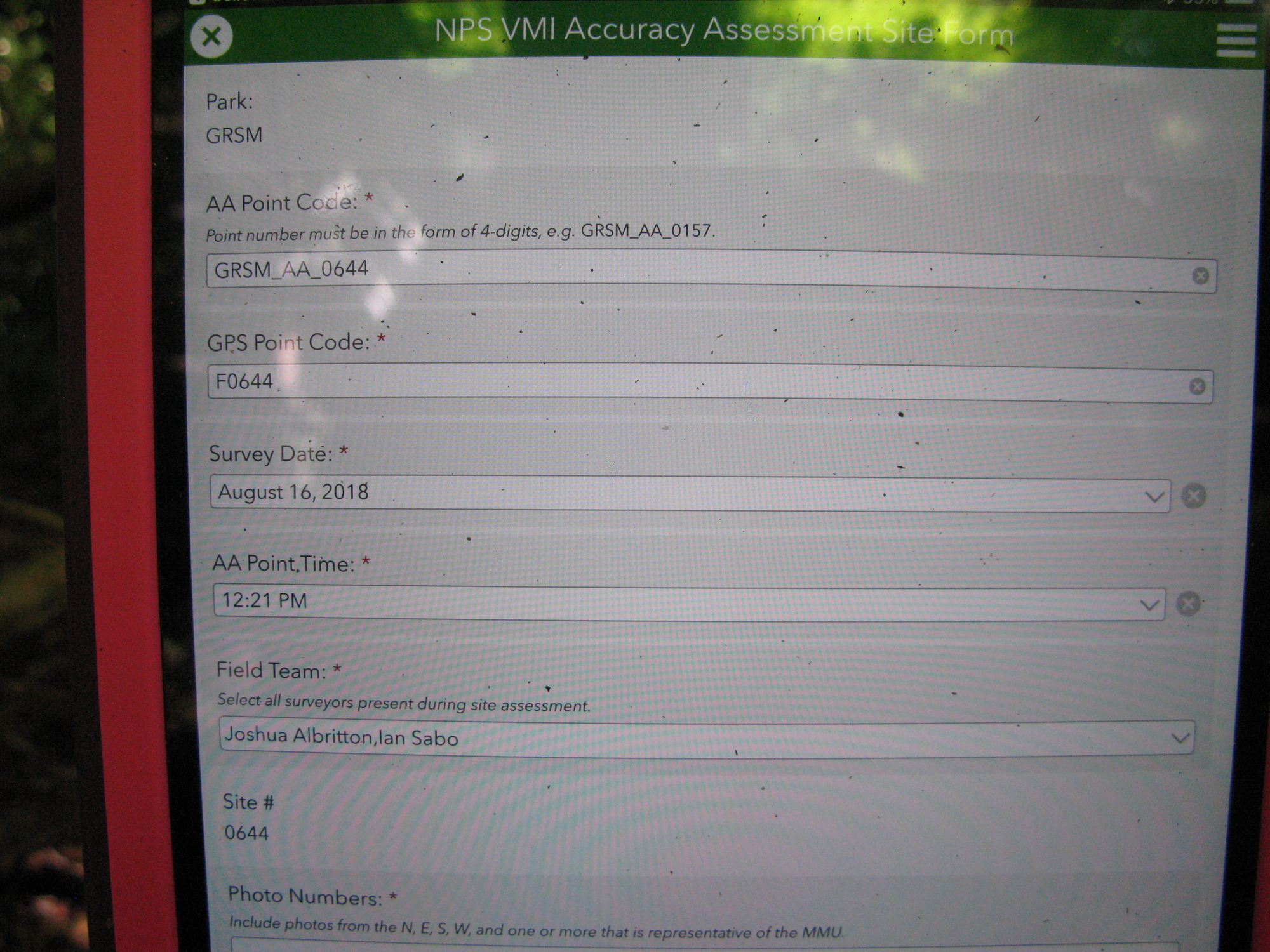 GRSM Accuracy Assessment. Plot Code: GRSM_AA_0644_1
