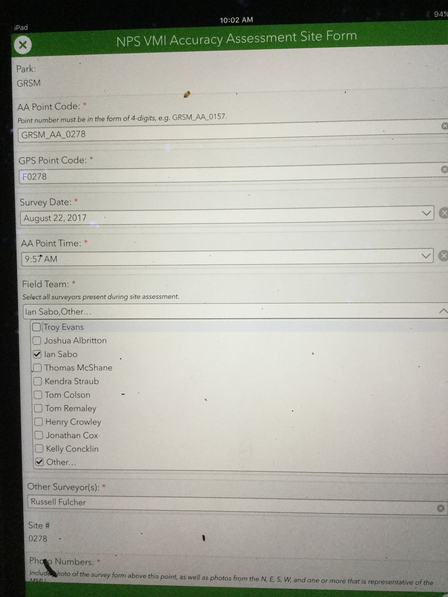 GRSM Accuracy Assessment. Plot Code: GRSM_AA_0278_1