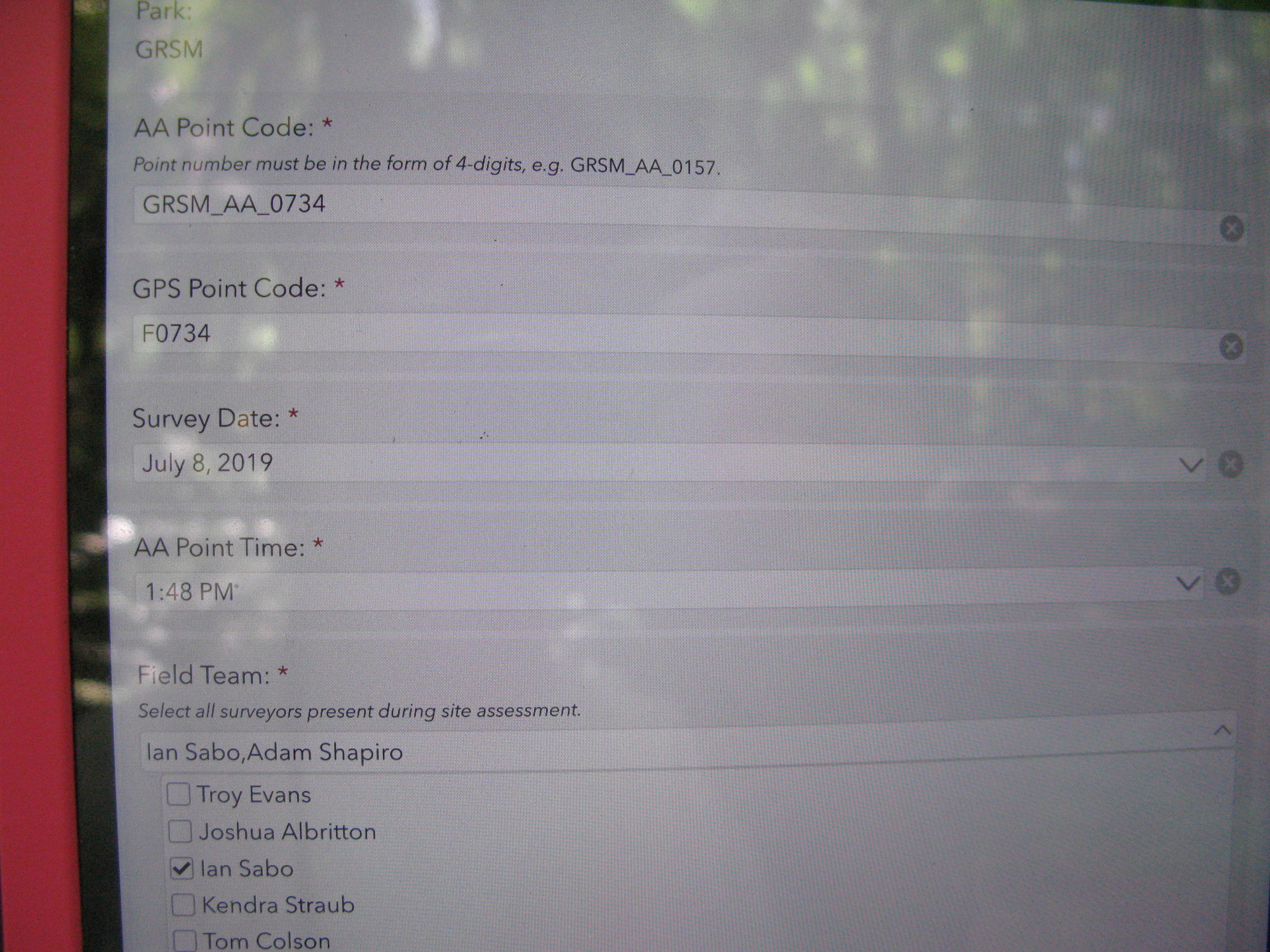 GRSM Accuracy Assessment. Plot Code: GRSM_AA_0734_1