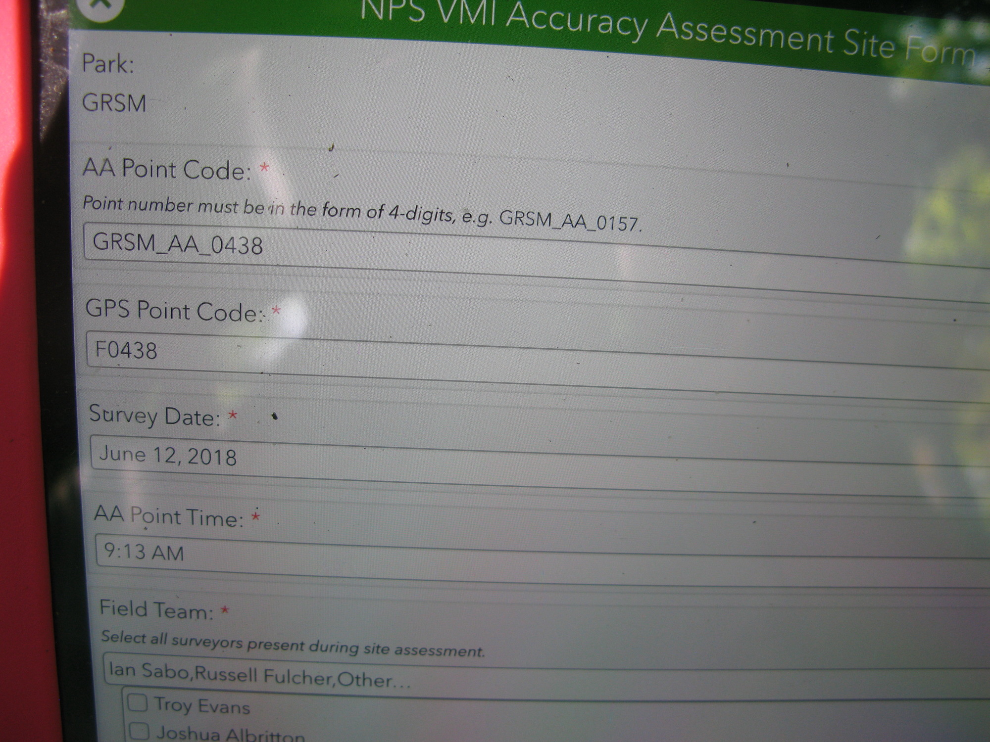 GRSM Accuracy Assessment. Plot Code: GRSM_AA_0438_1