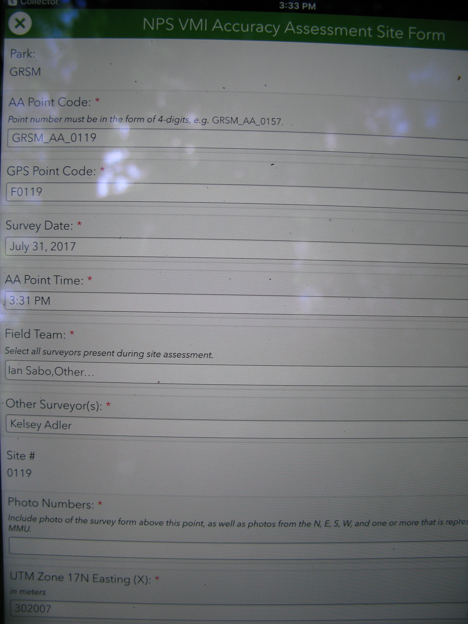 GRSM Accuracy Assessment. Plot Code: GRSM_AA_0119_1