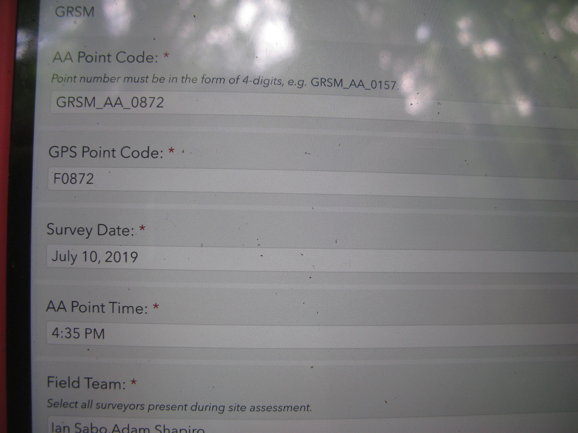 GRSM Accuracy Assessment. Plot Code: GRSM_AA_0872_1