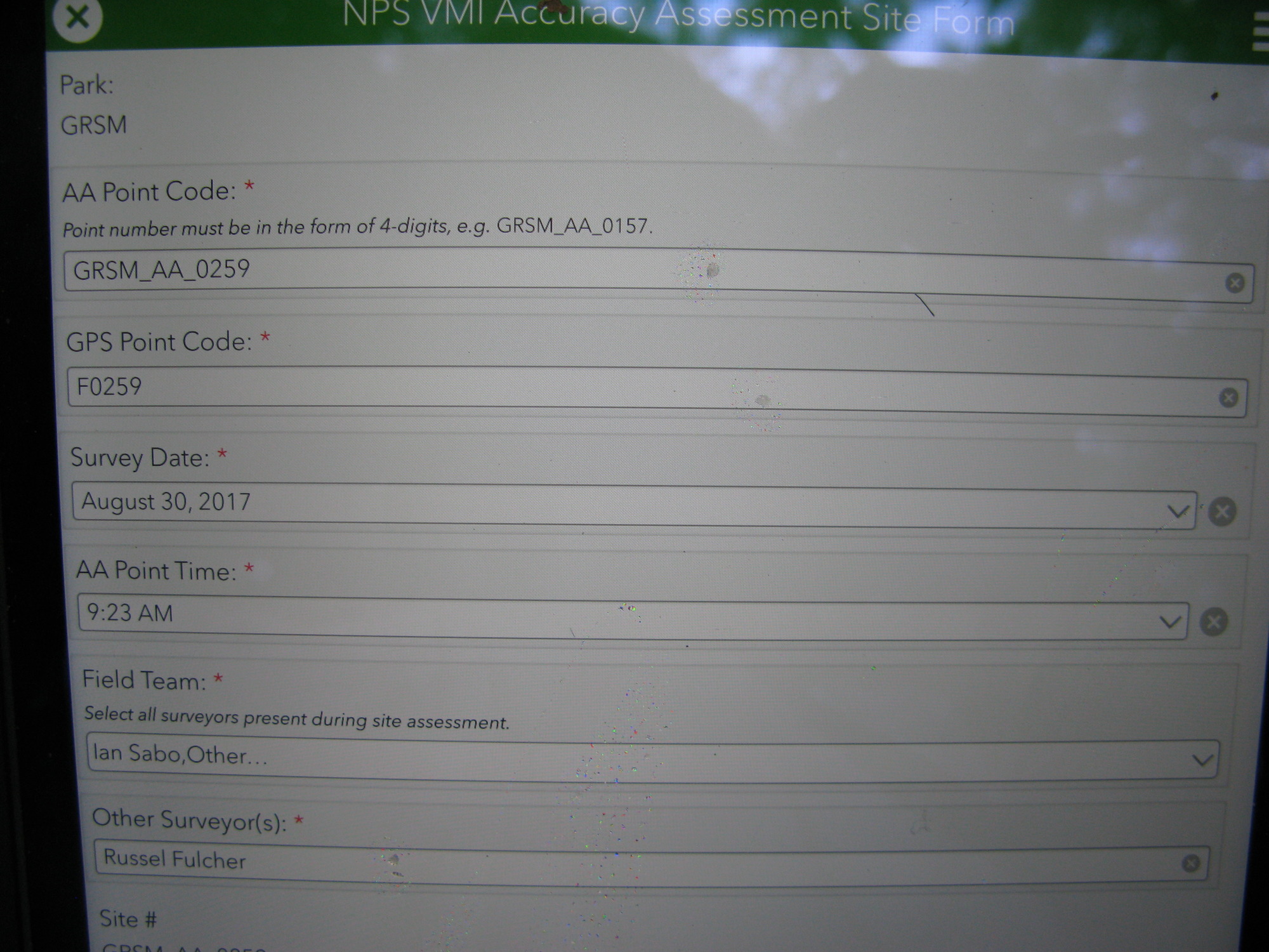 GRSM Accuracy Assessment. Plot Code: GRSM_AA_0259_1