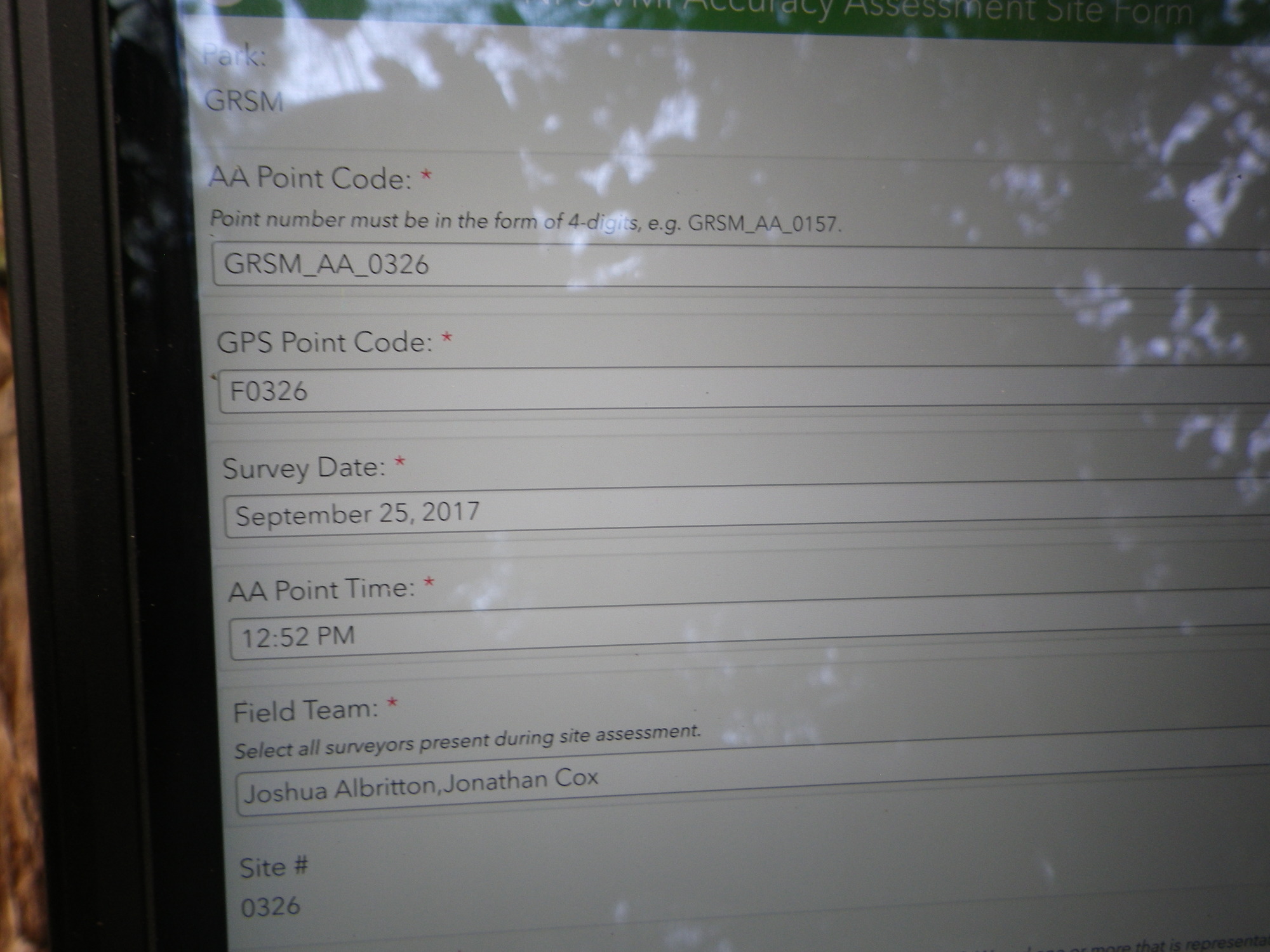 GRSM Accuracy Assessment. Plot Code: GRSM_AA_0326_1