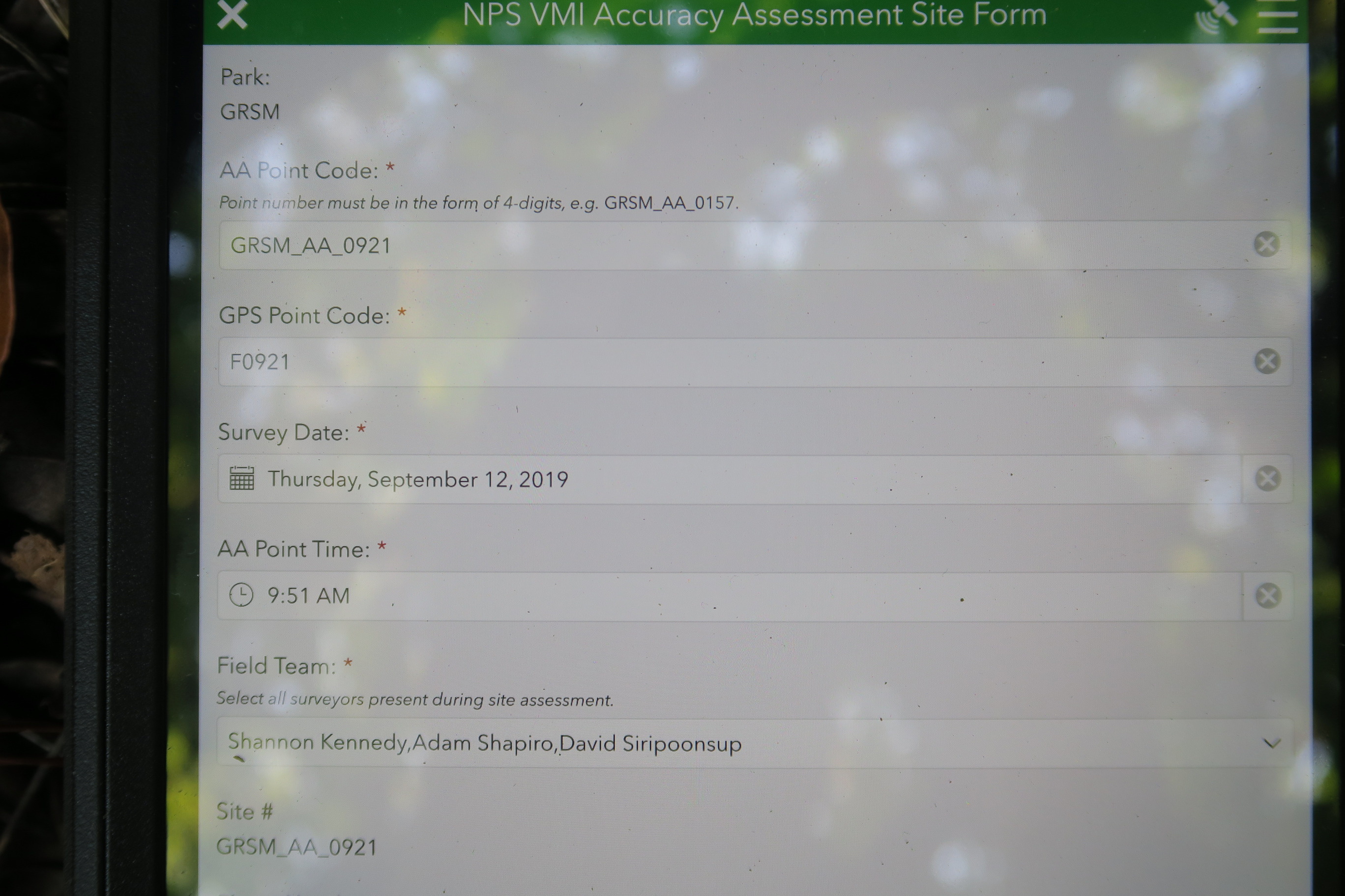GRSM Accuracy Assessment. Plot Code: GRSM_AA_0921_1