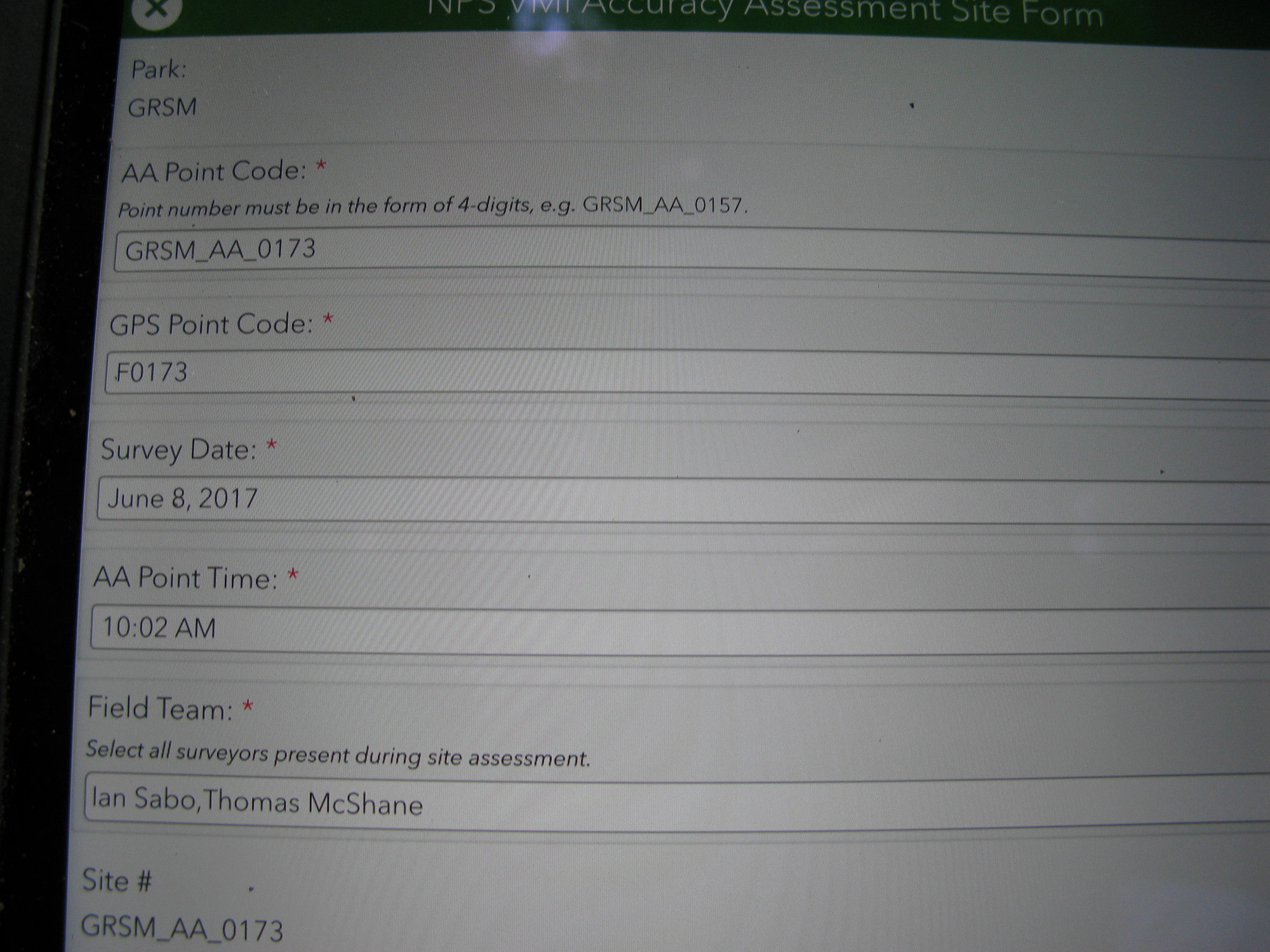 GRSM Accuracy Assessment. Plot Code: GRSM_AA_0173_1