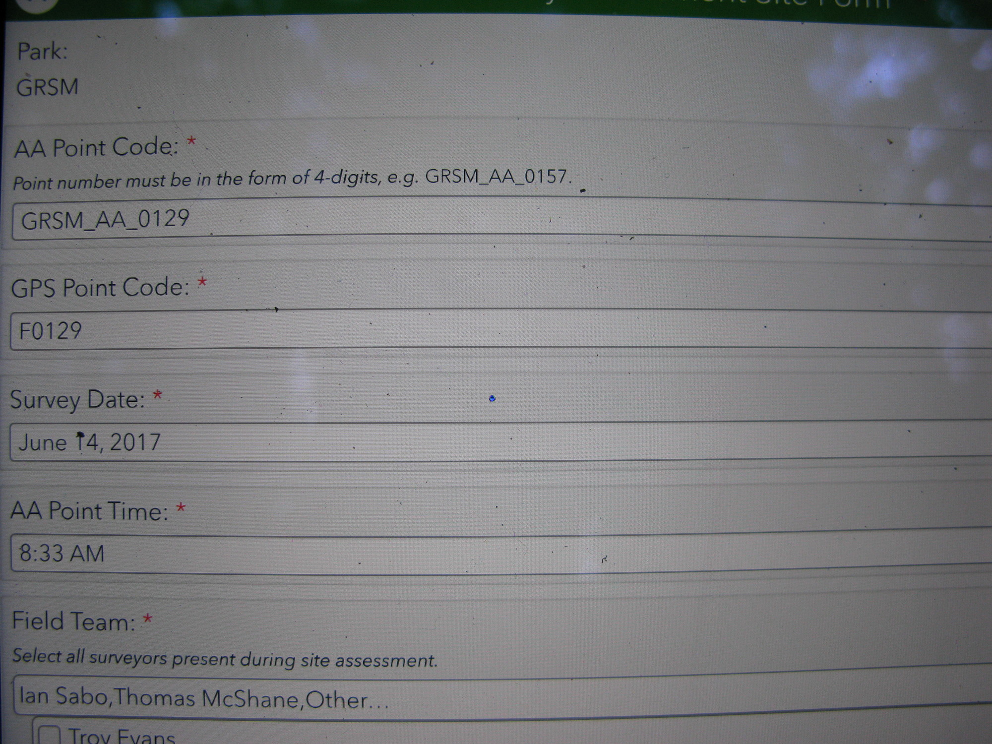 GRSM Accuracy Assessment. Plot Code: GRSM_AA_0129_1