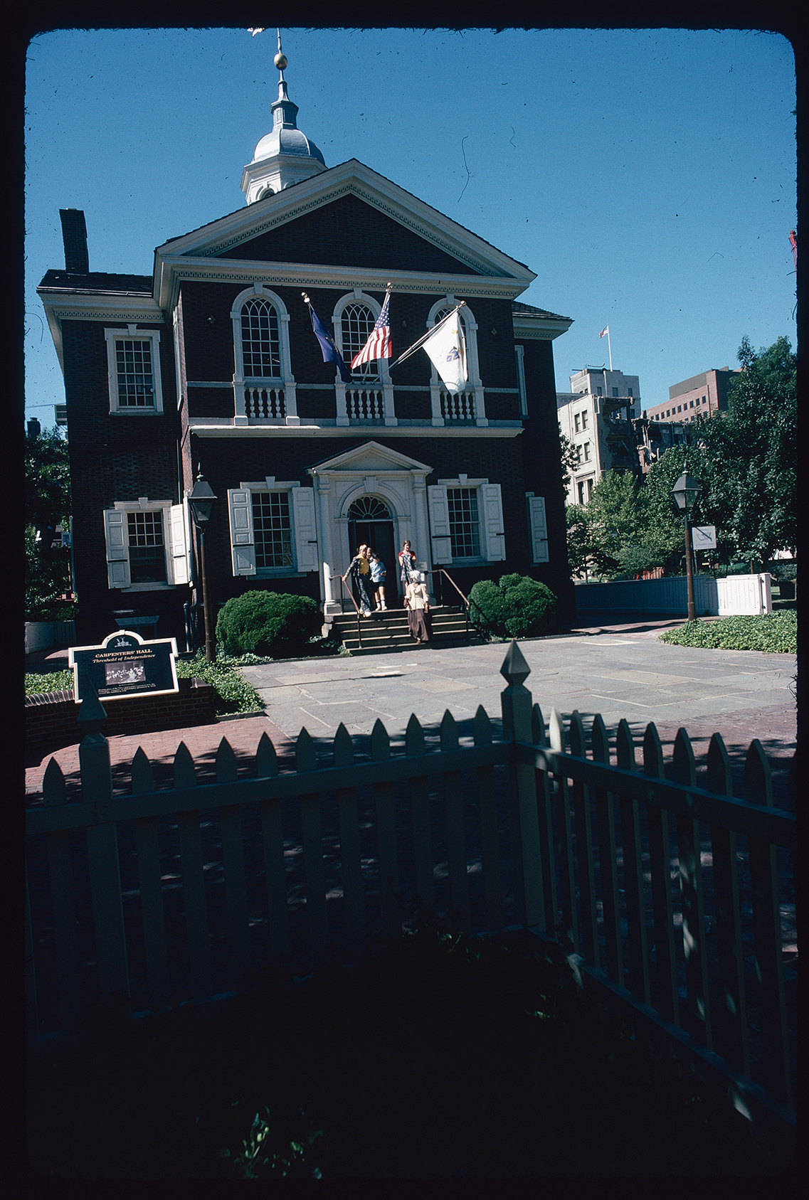 Carpenters Hall. Exterior. North side. Looking southwest from walkway through Pemberton House garden to Carpenters Court.