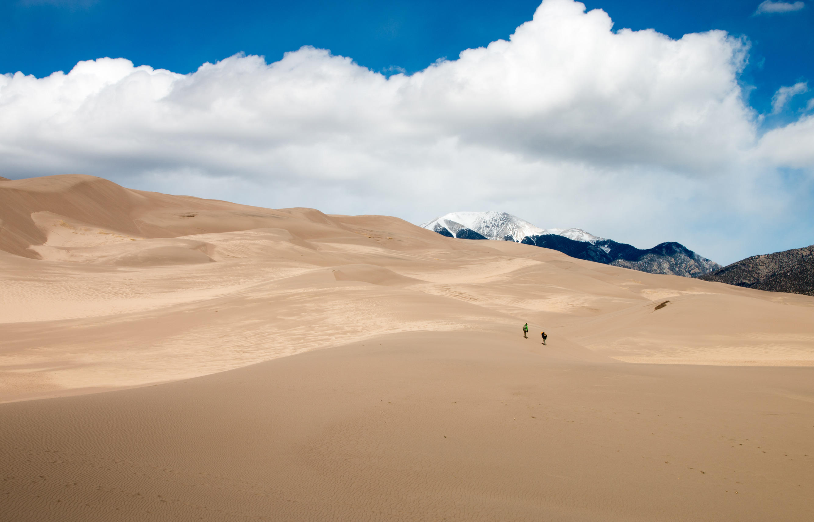 Two visitors walk across the expanse of sand dunes at the beginning of the dune field. In the distance the snow-capped Sangre de Cristo Mountains rise above the dunes. 