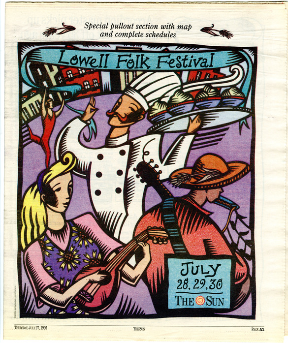 The illustration contains a chef holding a platter of spaghetti, two folk musicians, and a dancer waving the banner for "Lowell Folk Festival".