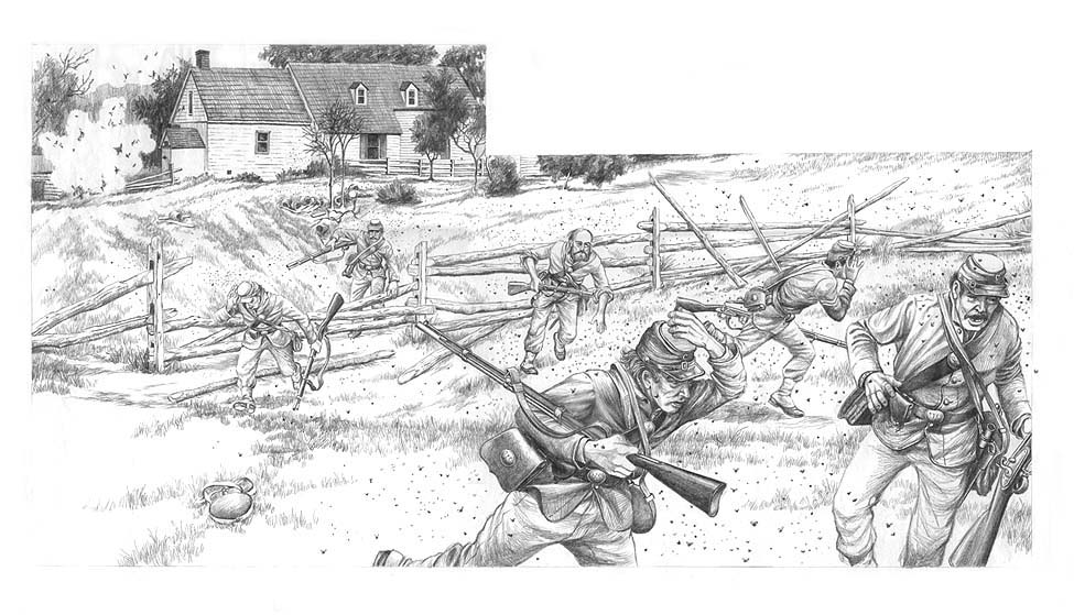 The 132nd Pennsylvania Regiment, Second Corps, attacked by bees and bullets at the Roulette Farm during the Battle of Antietam.