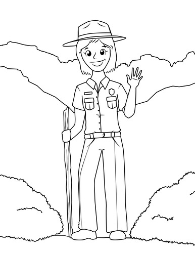 A black and white outline of a smiling national park ranger waving with one hand and holding a hiking stick with another. 