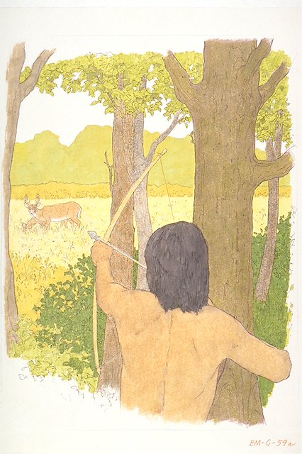 Native American Indian hunting with a bow and arrow.