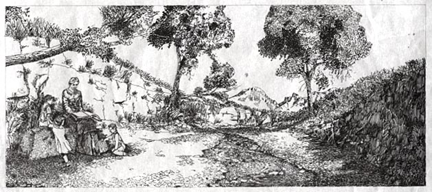 Illustration of the Hannolds' life in the Big Bend. Scene depicts Nina Hannold reading in the shade of the cottonwoods to several children.