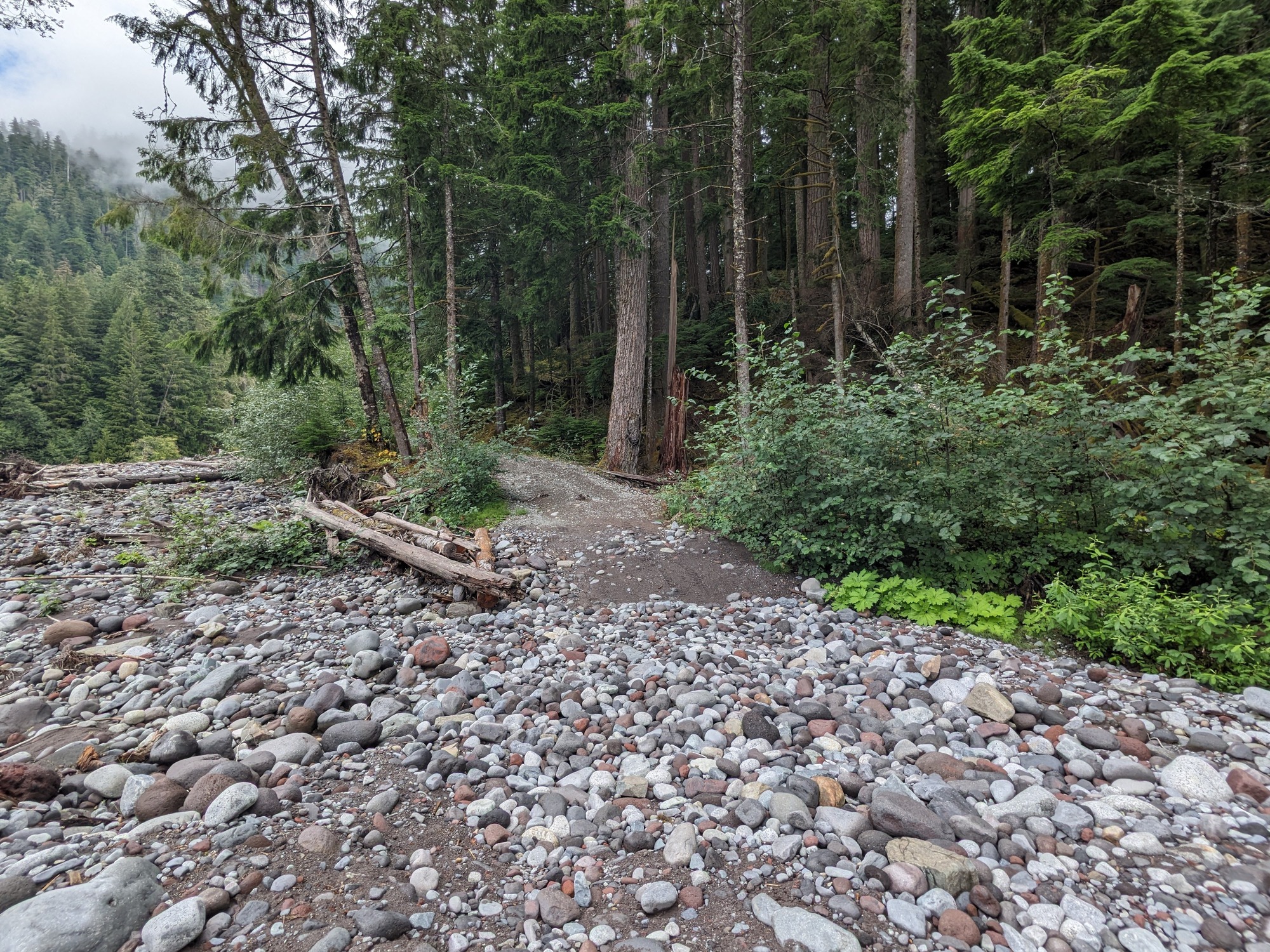 A poorly defined trail crosses over many river-worn rocks, then back to a dirt as it climbs a small hill into a forest.