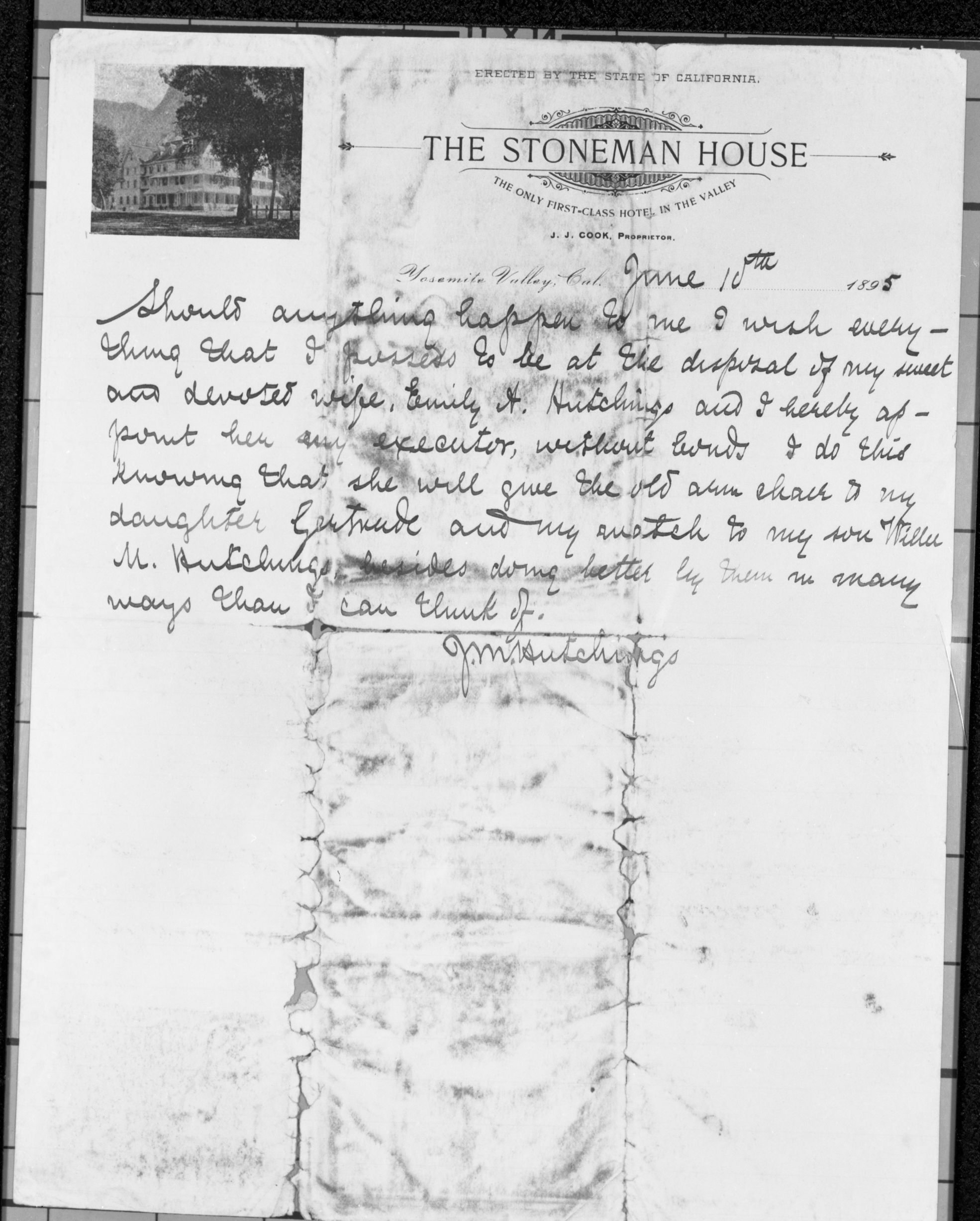 Page 1 of James Mason Hutchings' will dated June 10, 1895. See also RL-13,720 &13,721. Copied August 7, 1975 by J. Born.
