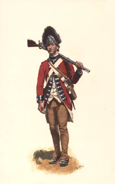 Private, 7th Royal Fusiliers, British unit of Colonel Banastre Tarleton's Legion at the Battle of Cowpens in 1781.