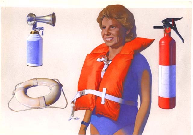 Boat safety equipment. Equipment depicted includes: a hand-held horn, a ring buoy, a woman wearing a Type-I PFD (personal flotation device), and a fire extinguisher.