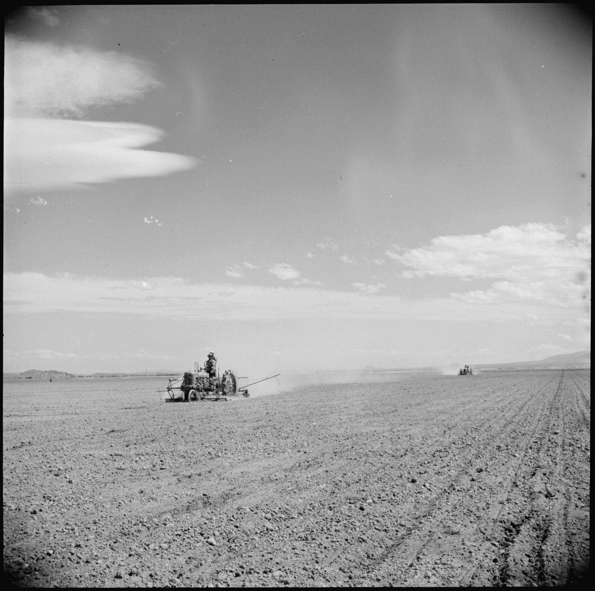 Two evacuee crews are shown operating onion planters on the farm at this War Relocation Authority Center. Each planter can seed about fifteen acres of white onions per day
