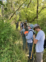 Nine youth stand in a line on a trail bordered with dense vegetation and observe a park ranger speaking and pointing at the trees. 