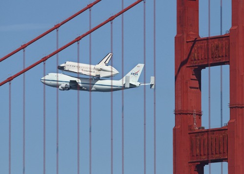 Last flight of the space shuttle Endeavor over the Golden Gate Bridge