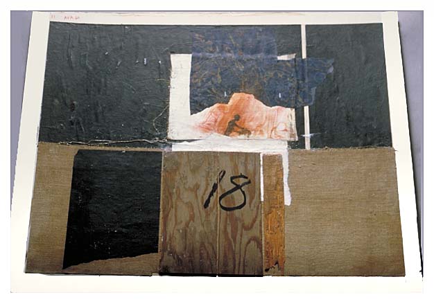 A small male figure in the middle of a reddish background. Wood and cloth are underneath figure. A symbol of a boy in front of flames.