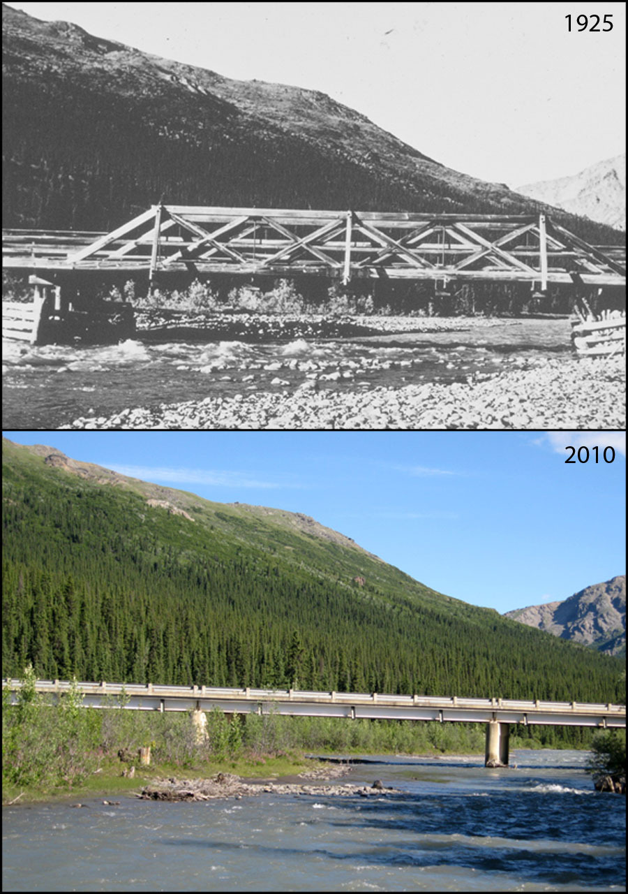 A photo pair showing Human Development and Impacts at Sanctuary River: 1925 to 1956 (estimated)-2010