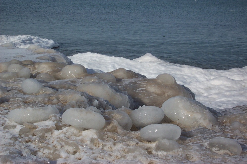 Ice build-up along the beach in Glen Haven during the winter.