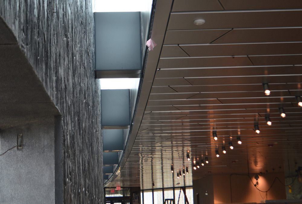 Building interior showing skylights and metallic drop ceiling with imbeded track lighting